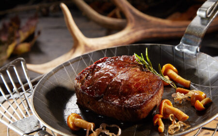 Grilled marinated thick lean wild deer venison steak with autumn mushrooms served in a skillet with background of a shed antler